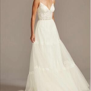 MELISSA SWEET Corset Bodice Tiered‎ Chiffon A-Line Wedding Dress Size 6 Ivory